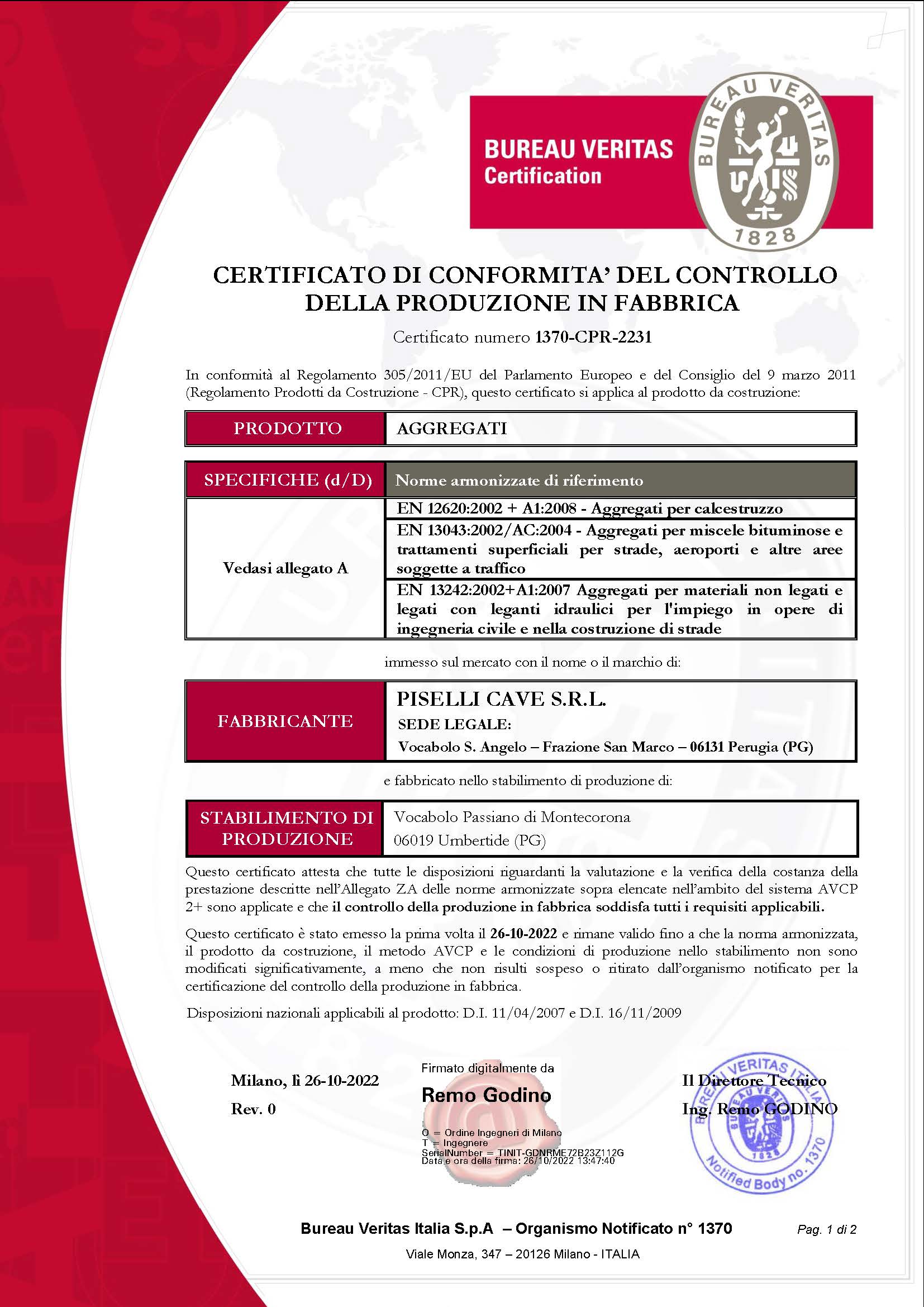 Certificato CE Cava Galera - PISELLI CAVE
