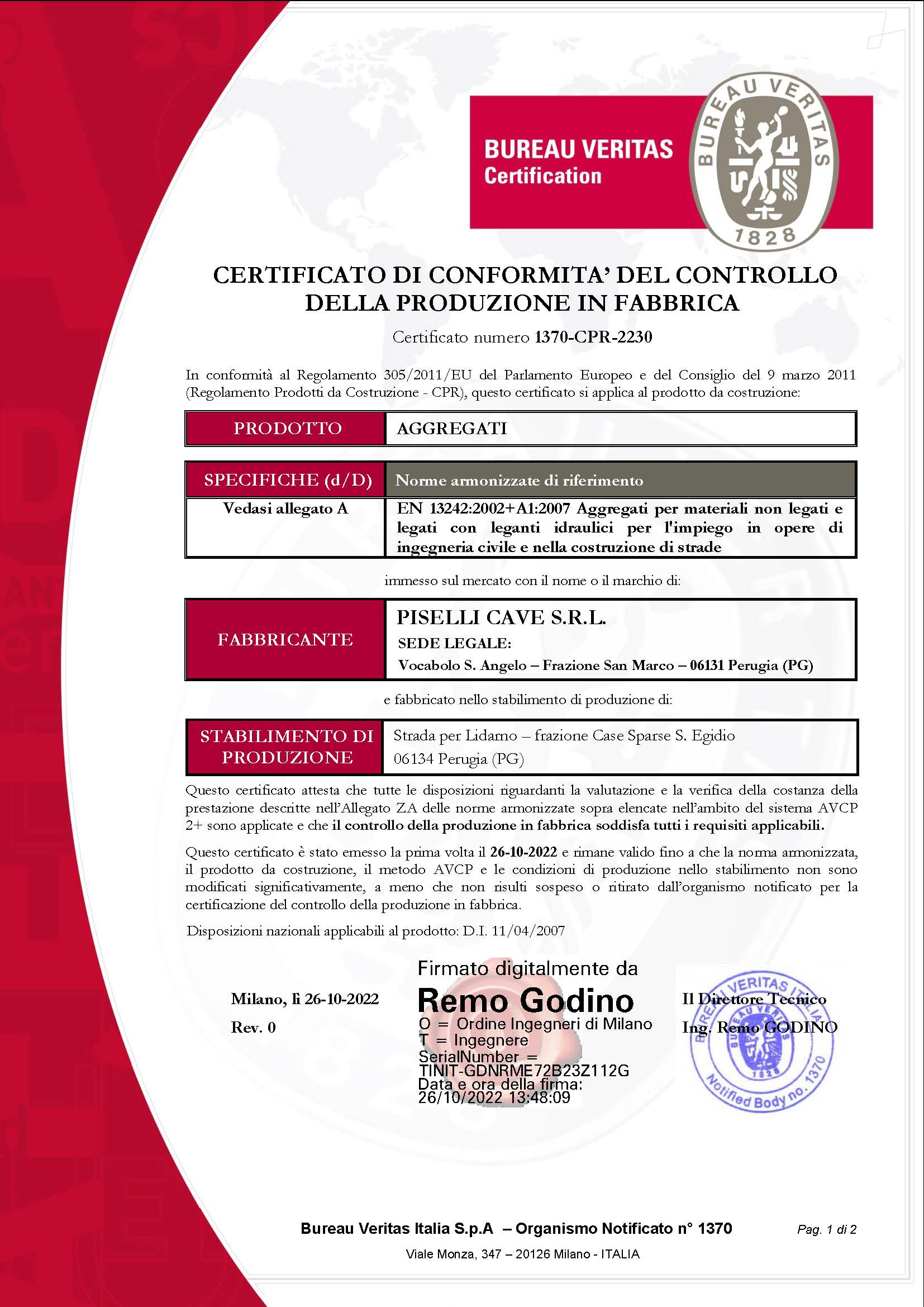 Certificato CE Impianto Lidarno - PISELLI CAVE